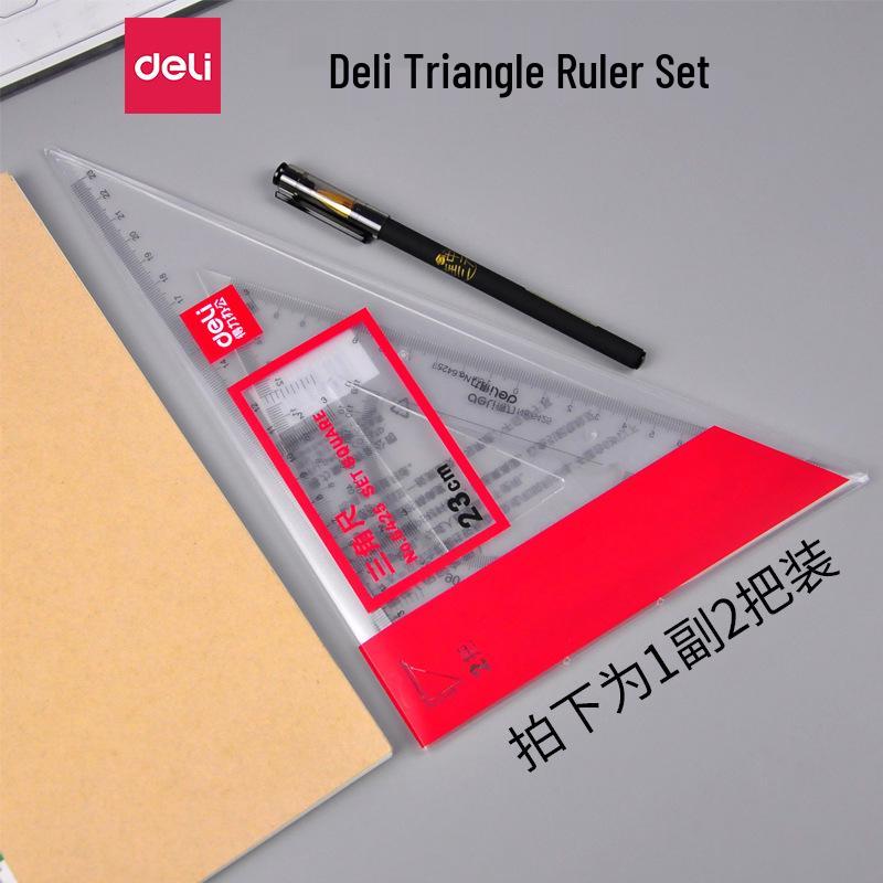 Deli 6425 23cm Transparent Triangle Ruler Set for Students - Ideal for Drafting and Measurements