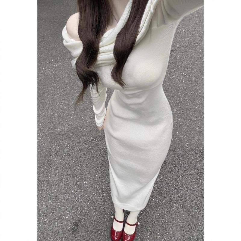 

[] Трикотажное платье с открытыми плечами, темперамент с длинными рукавами, открытыми плечами, ранняя осень, облегающий дизайн, длинное платье с нежным ветром XL белый