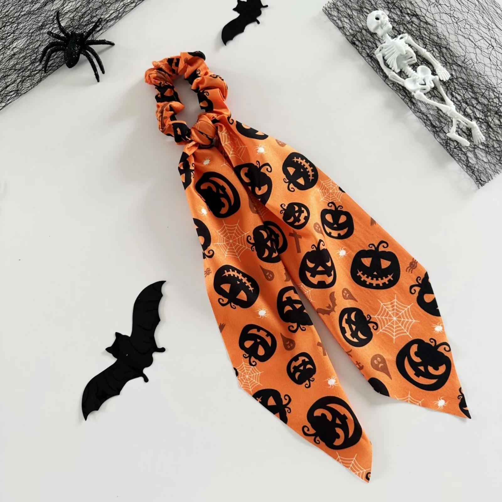 

1PC Halloween Scrunchies Set, 3-Piece Pumpkin Ghost Bat Printed Hair Ties With Long Scarf, Cute Hair Accessories For Women Girls помаранчевий