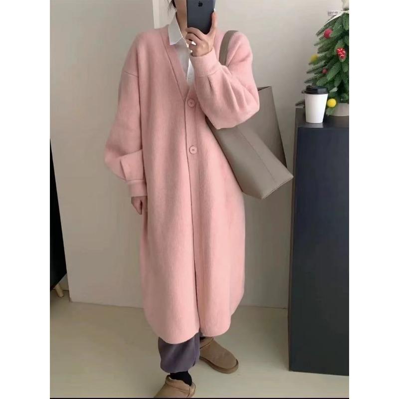 

Новый длинный свитер-жакет женский ленивый ветер свободный толстый темперамент повседневный однотонный вязаный кардиган One size розовый