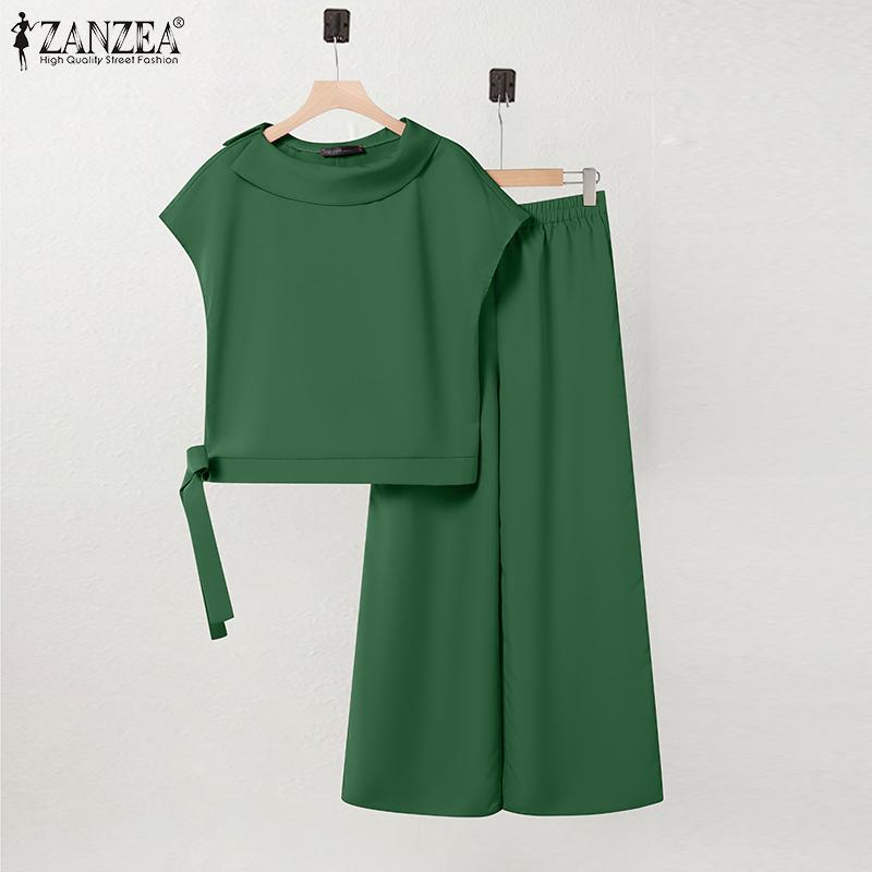 ZANZEA Damen Kurzarm Bluse und Hose Sommer Zweiteiler Anzugsets