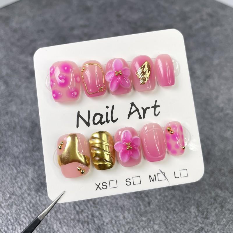 Sweet Gel Nail Tips With 3D Floral Relief Design Ice-Transparent Blush Finish Short Wearable Press-On Nails Handmade Extra Small
