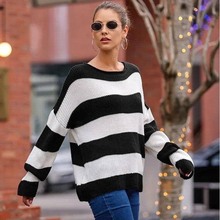 Autumn/Winter Long Sleeve Sweater Fashion Soft Warm Office Womens Tops Casual Round Neck Stripe Contrast Knitted Pullover 29823