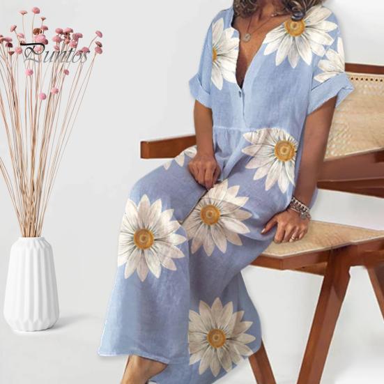 

Летнее женское платье с короткими рукавами и V-образным вырезом на пуговицах, свободное богемное платье трапециевидной формы с цветочным принтом, повседневное мягкое дышащее пляжное платье макси для отпуска