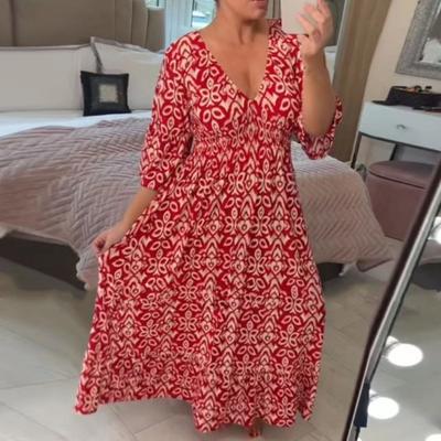 Yaz V Boyun Yarım Kollu Yüksek Bel Pilili Plaj Elbise Kadın Çiçek Desenli Baskılı Bohemian Maxi Elbise Gevşek Fit Tatil Elbisesi