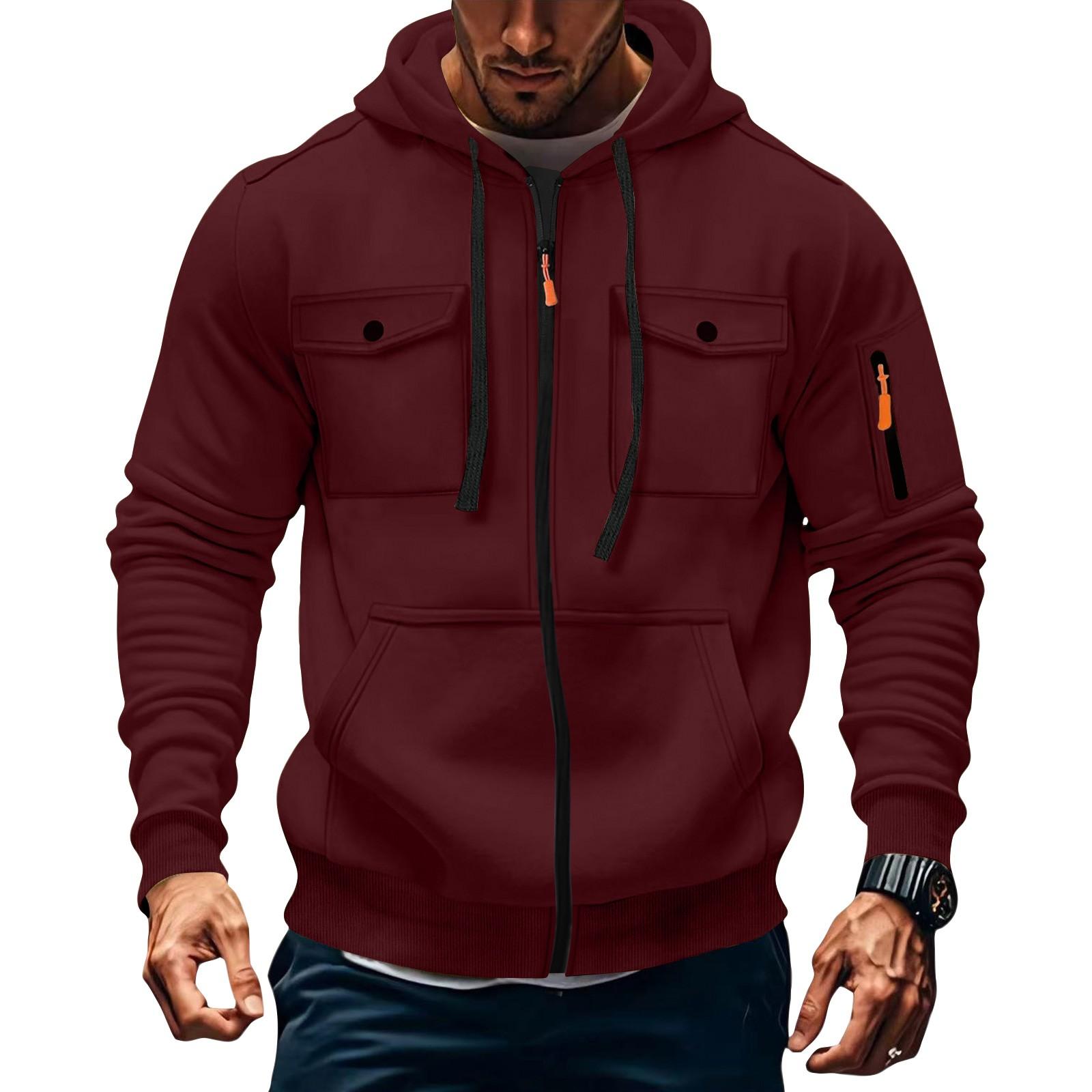 

Мужская толстовка с капюшоном на молнии, кардиган с несколькими карманами, мужская спортивная толстовка большого размера в стиле кэжуал XXXL винный