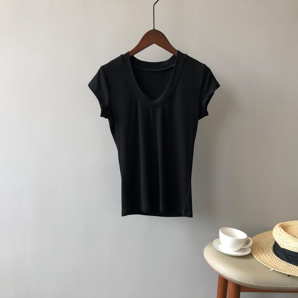 Solid Colour T-shirt Women 2024 Summer Simple U Neck Slim Stretch Body Shirt Tops