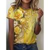 Fashion Women's Crew Neck T-Shirt 3D Flower Color Printing Flower Short Sleeve Crew Neck Short Sleeve