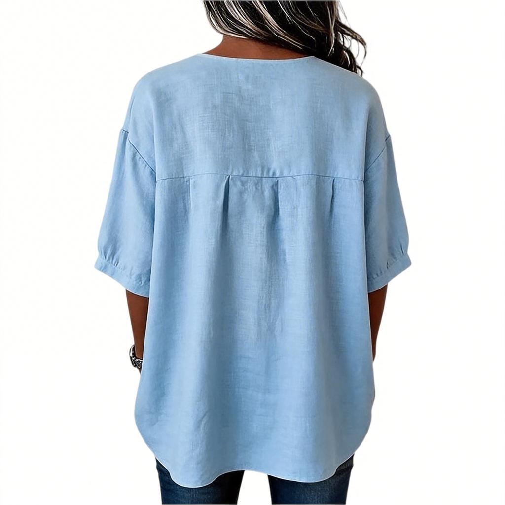 Fashionable Women's Shirt With Buttons, Round Neck, And Short Sleeves