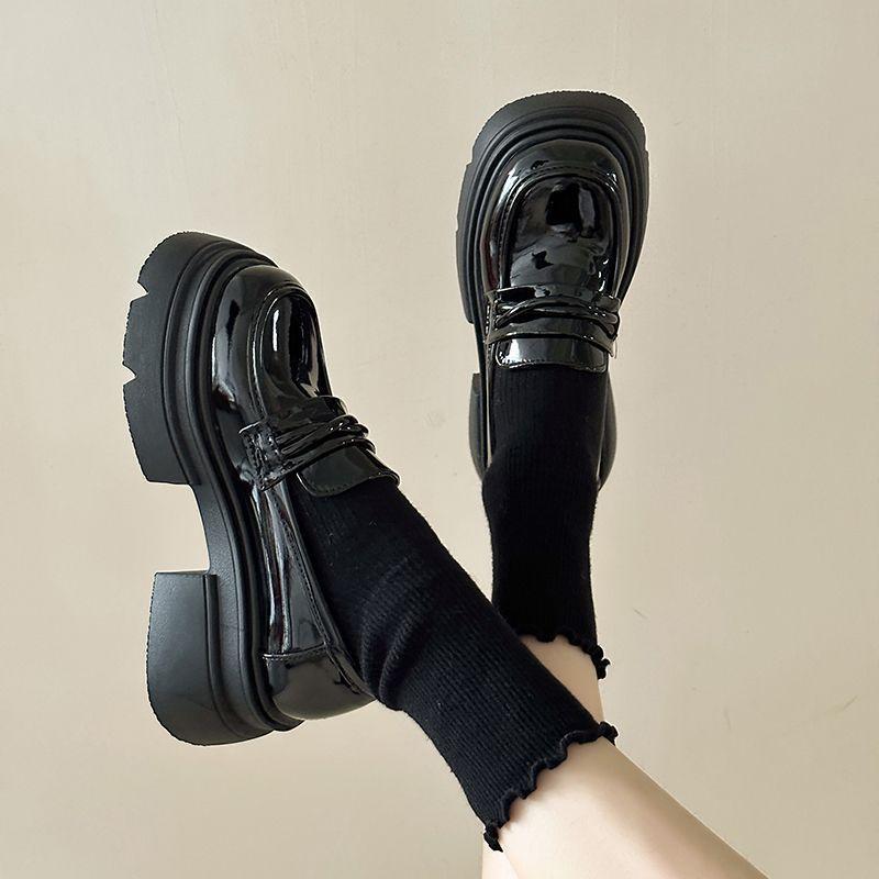 British Style Small Leather Shoes Women's 2025 New Autumn and Winter Muffin Platform Sole One Pedal Women's Shoes Black Loafers Single Shoes