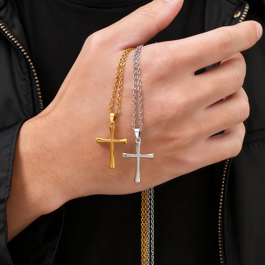 Simple Gold Color Cross Necklace for Men,Stainless Steel Cross Sweater Chain Jewelry Gift