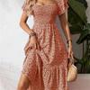 Women's Square Collar Waist Printed Bubble Sleeve Dress S-XXXL