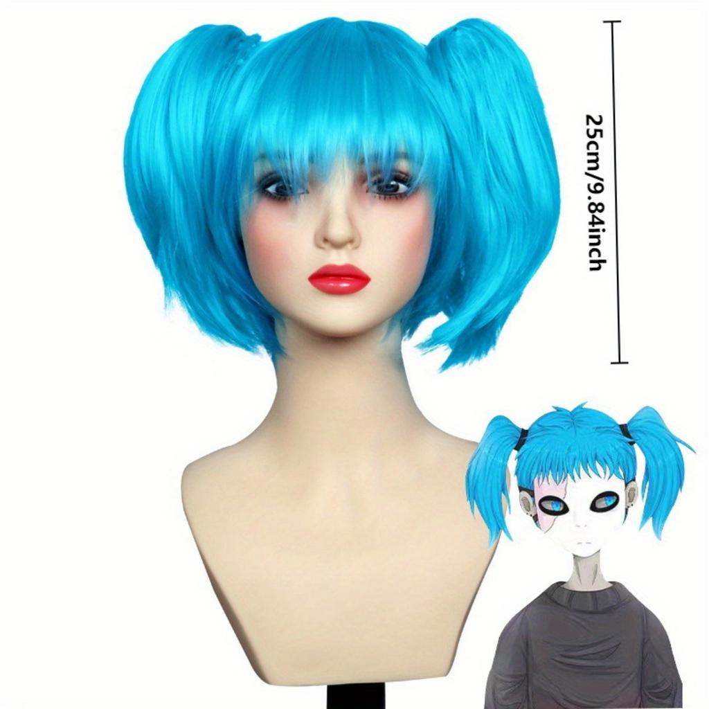 Helle blaue doppelte Pferdeschwanz-Kurzhaar-Synthetikperücke | Spielcharakter Sally Face Cosplay-Perücke