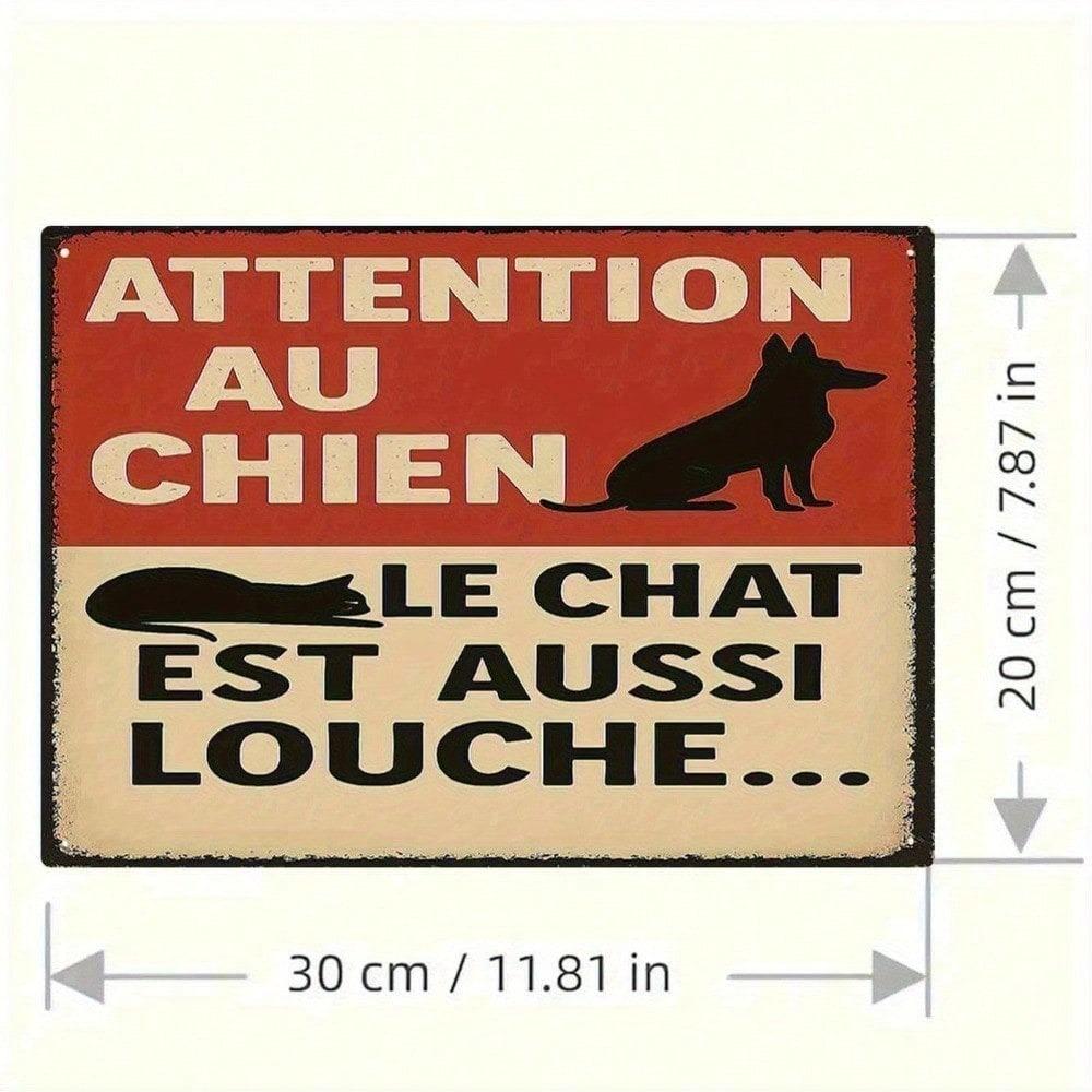 Vintage French Pet Warning Metal Sign, Rustic Dog Cat Tin Plaque, Funny Wall Decor for Home