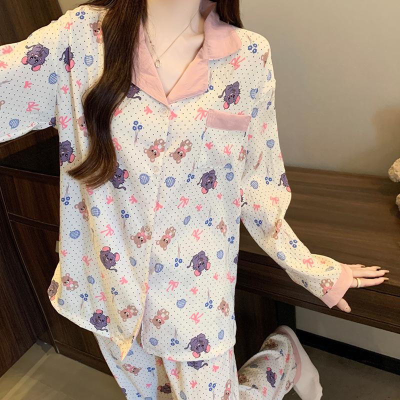 Cartoon Thin Cloud Cotton Sweet Pajamas Women'S Suit Loungewear Long Sleeves Trousers