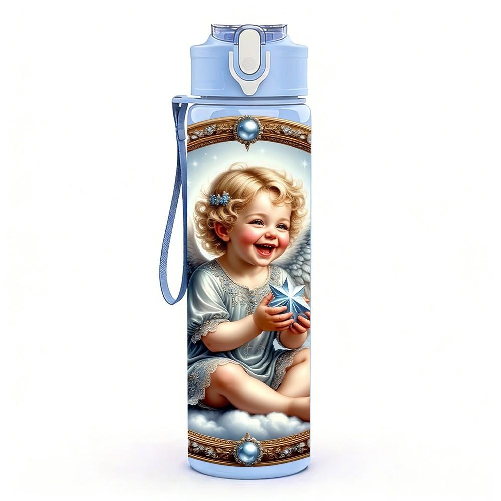 1PC Vintage Angel Baby Religious 750ml Color Plastic Sports Water Bottle Leakproof Flip Straw Lid Suitable for Sports Office Home Use