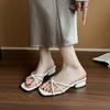 2025 summer new outer wear women's shoes outer wear thin straps crossed square head with skirt thick heel cool slippers