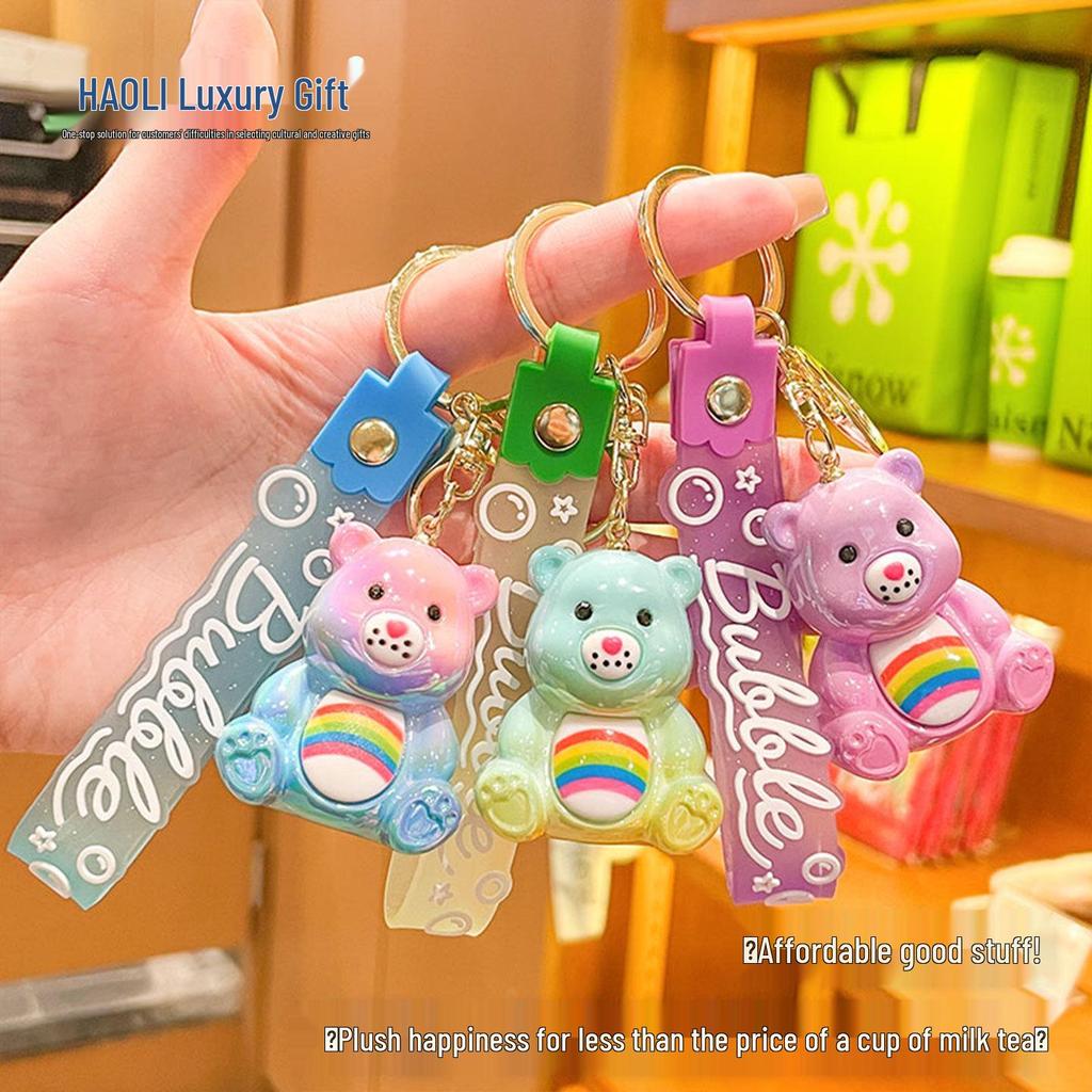 Cute Rainbow Bear Keychain Pendant - Sitting Pose for Car, Backpack, or Gift