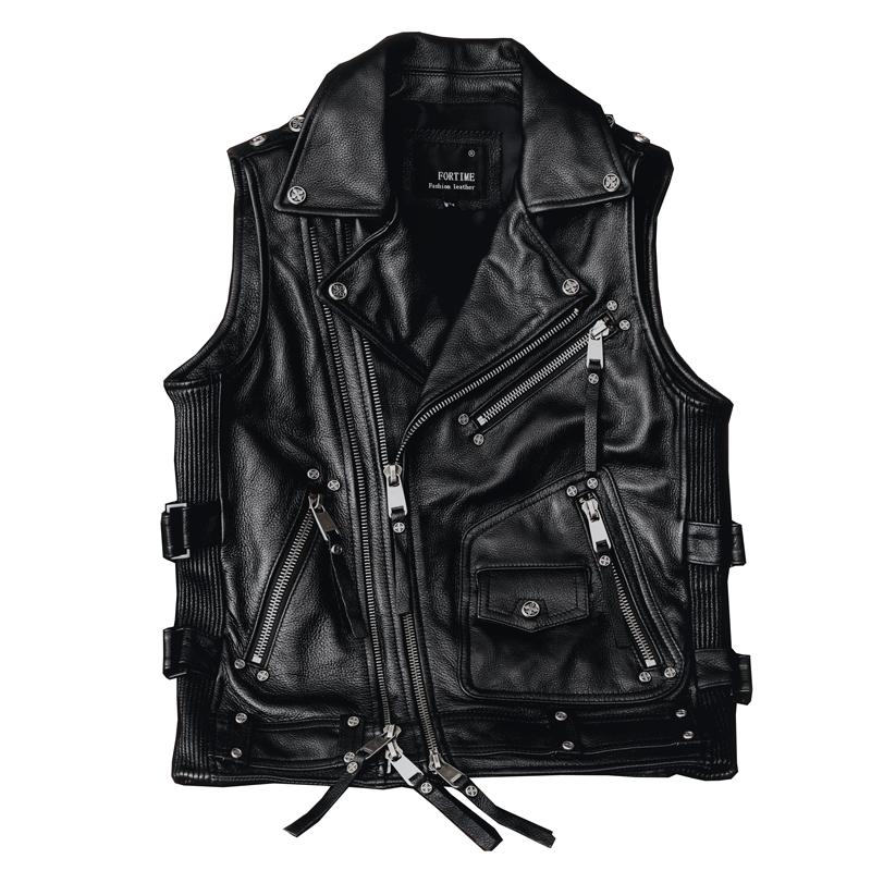 Men Genuine Leather Biker Vest Short Sleeve Motorcycle Jacket Pure Cowhide Riding Waistcoat