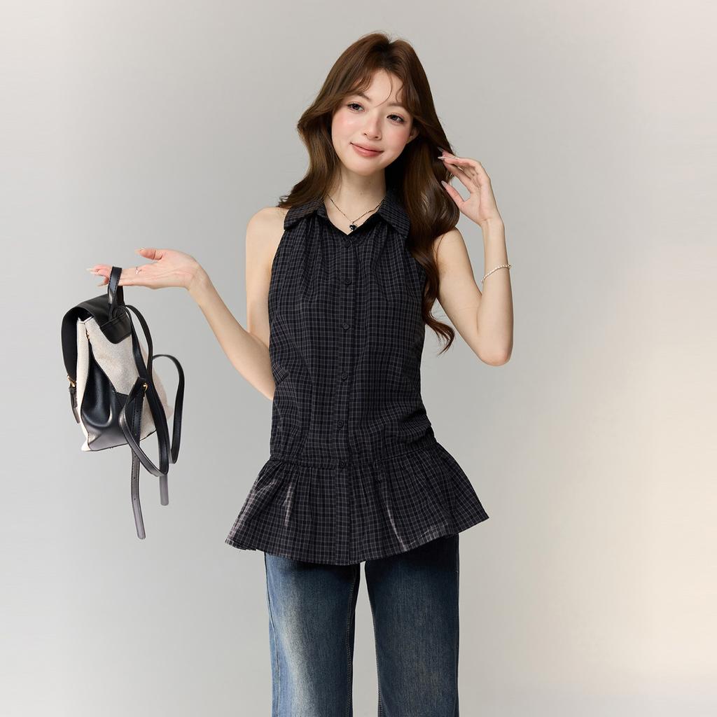 College Style Polo Collar Plaid Ruffle Hem Vest Women's Summer Sleeveless Stacked Wear Thin Temperament Top