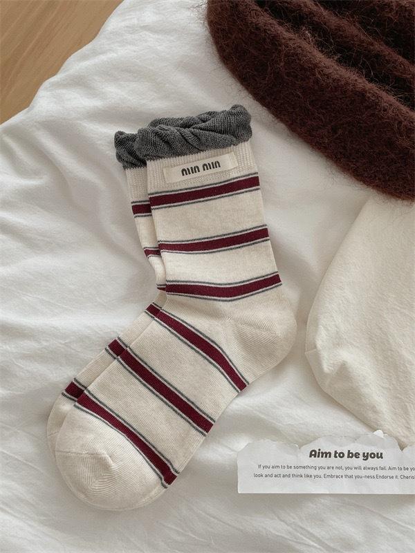 Boneless Striped Socks Women'S Contrast Color Double Luo Mouth Letter Cloth Label Mid-Tube Socks Cotton Sweat-Absorbing Breathable Pile Socks