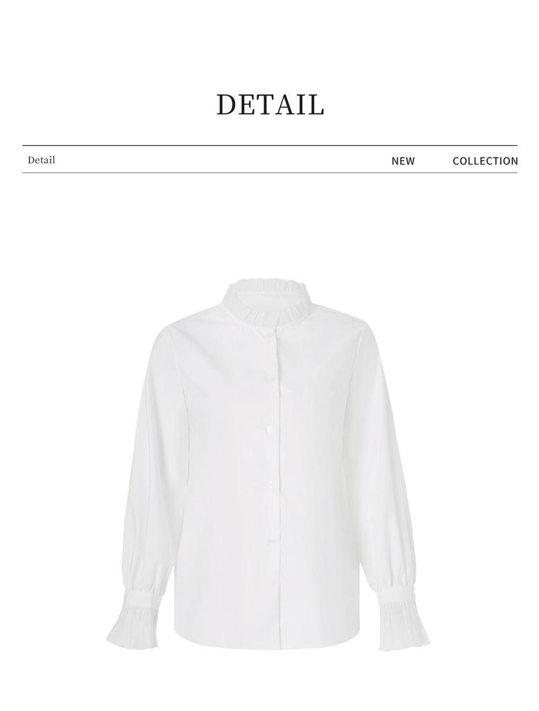 Französisch Weiß Damen Glockenärmel Spitzenoberteil - Lässiges Langarm Stehkragen Hemd