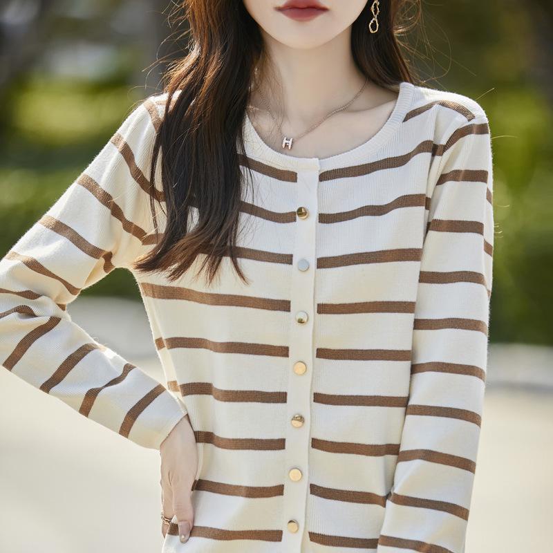 French Stripe Round Neck Cardigan Sweater - Age-Reducing, Casual & Versatile