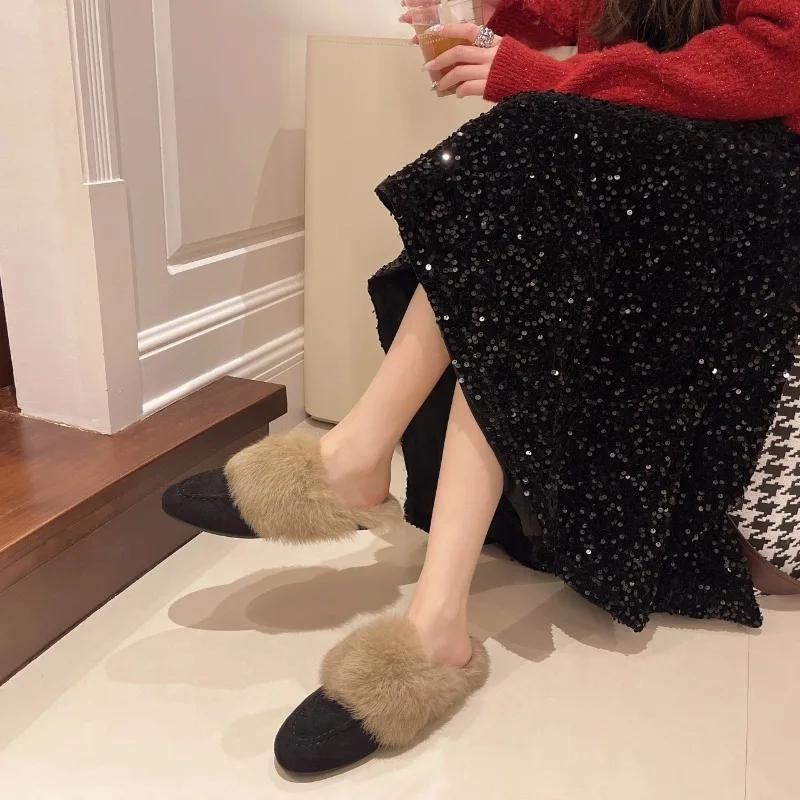 Fashion Slip On Simple Shoes Outwear Woman Warm Shoes Mules Natural Suede Flat Shoes for Women SlippersMules Women's Fur Flats Slippers