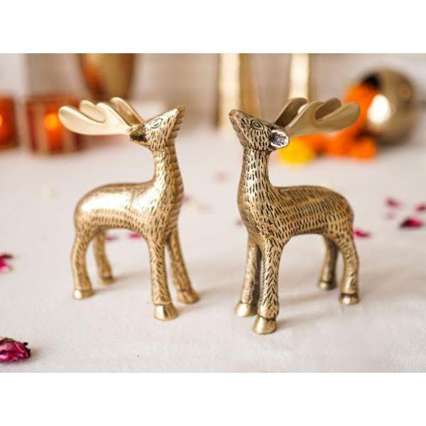 Golden Aluminium Christmas Reindeer Figurine Statue 2 Pcs | Reindeer Showpiece for Tabletop, Bookshelf, Desktop, Cabinets, (Jewellery Not Included)