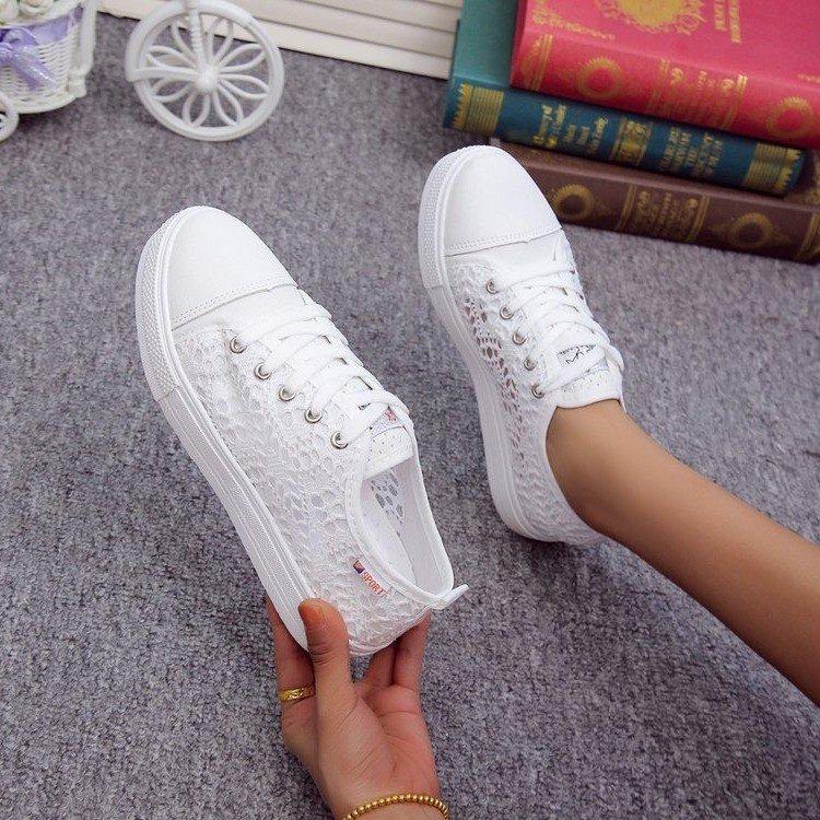 Summer Women's Shoes Casual White Shoes Cutouts Lace Canvas Hollow Breathable Platform Flat Shoes Woman Sneakers