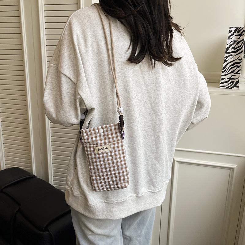 Mobile phone bag summer plaid small bag women's new popular vertical girl canvas crossbody small cloth bag