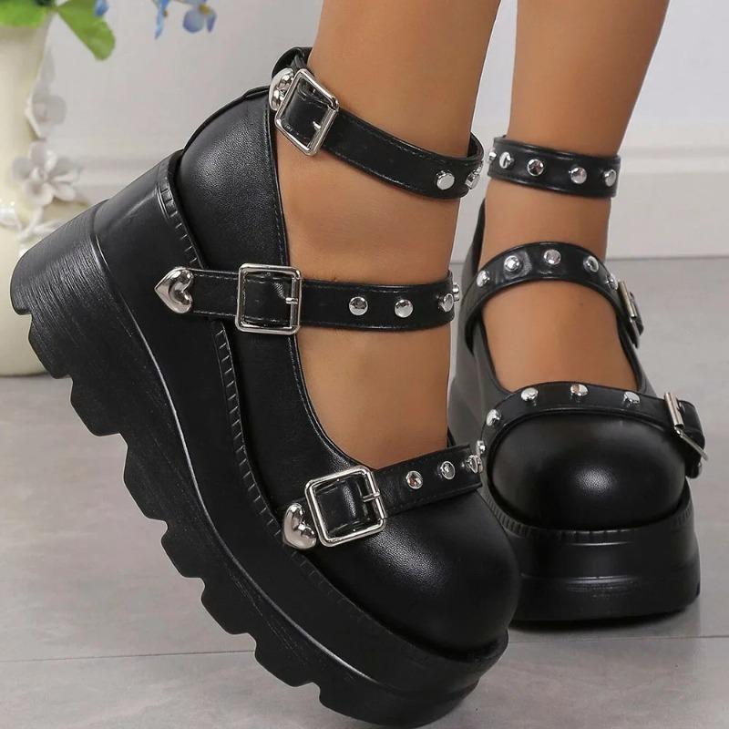 Womens Platform Shoes Punk Style Gothic Shoes Wedge Heeled Single Oes Fashion Leather Casual Footwear Thick Sole Mary Jane Shoes
