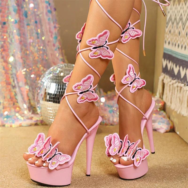 2024 New Pink Yellow Cross Strap Platform Sandals Women Handmade Embroidery Butterfly Open Toe Elegant High Heels Shoes