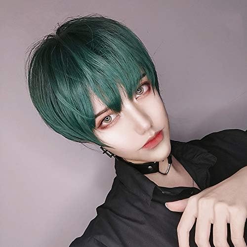 Men's Harajuku-style Green Short Wig, Semi-Long, Fashionable, with Net, Natural, Unisex
