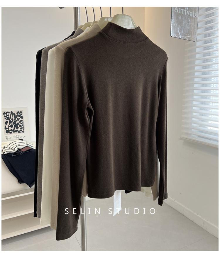 Korean-Style Double-Sided Oreo Fleece Half-Turtleneck Warm Base Layer Top for Women - Long-Sleeve Winter T-Shirt