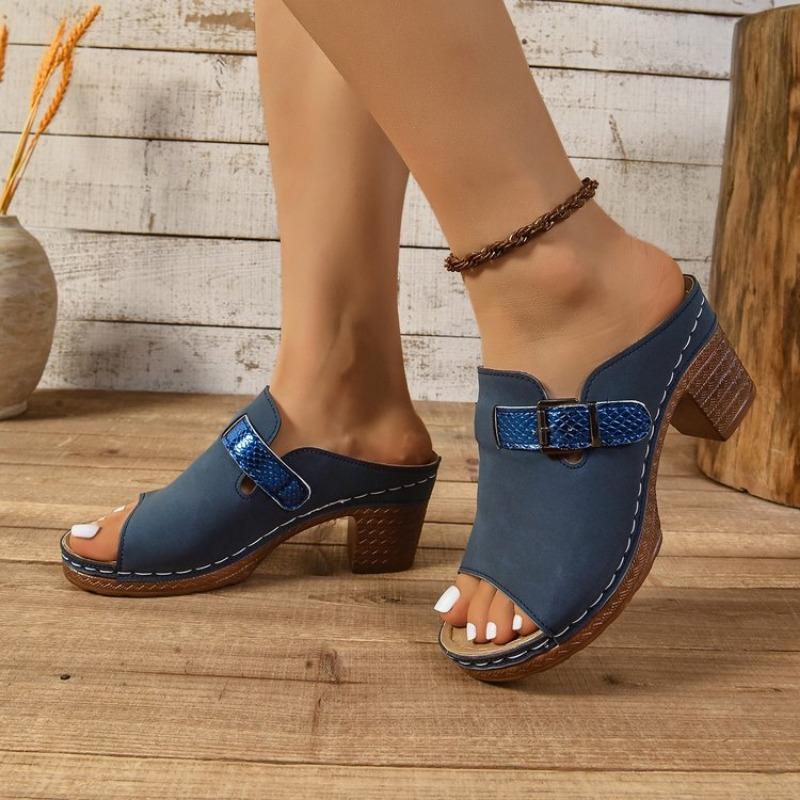 Fashion 2025 Summer Women's Fashion Casual Slippers Solid Color Square Root Anti-Slip Sandals  with Heels and Open Toes Summer Slippers