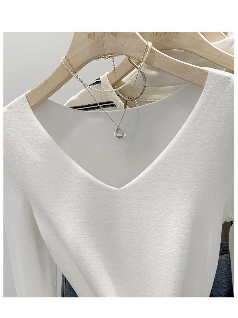 Women's V-Neck Long-Sleeve White T-Shirt, Spring 2024 Slim Fit Base Layer Top