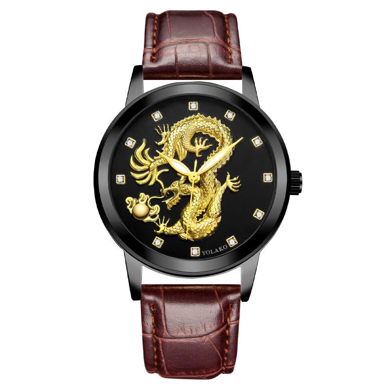 Chinese Style Fashion Diamond-encrusted Waterproof Gold Dragon Pattern Men's Watch Men's Watch Belt Watch Quartz Watch