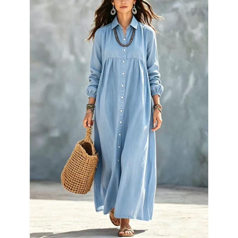 Women S Solid Color Shirt Dress Loose Long Sleeve Button Down Casual Dress