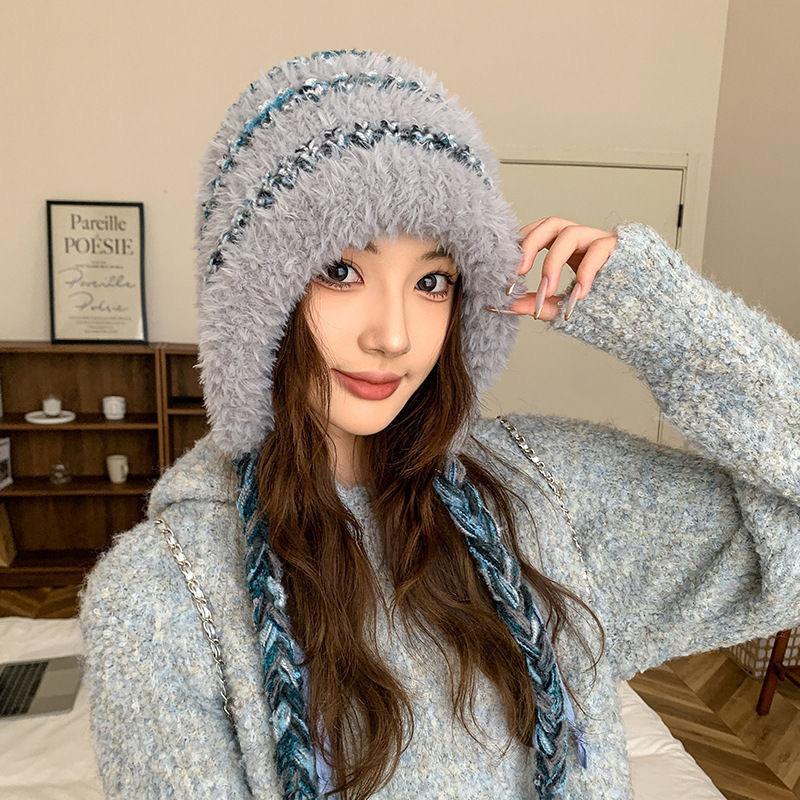 Plush Thermal Ear Hat Women's Autumn and Winter Big Head Circumference Cute Cold-proof Versatile Knitted Hat Showing Face Small Maillard