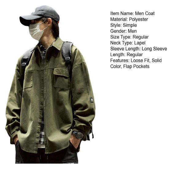 Men Jacket Lapel Long Sleeve Flap Pockets Solid Color Coat Loose Fit Buttons Placket