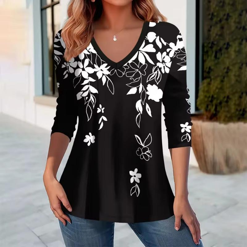Women's T-Shirt Floral Graphic Flower Elegant Fashion Tee Long Sleeve T-shirts V-Neck Regular Tops Pullover Fall Winter