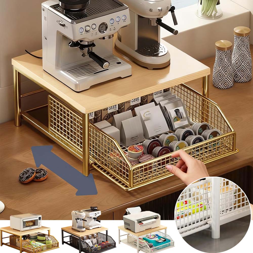 Space-Saving Under Cabinet Coffee Maker Organizer Kitchen Countertop Racks with Drawer Wire Basket Coffee Machine Storage Shelf