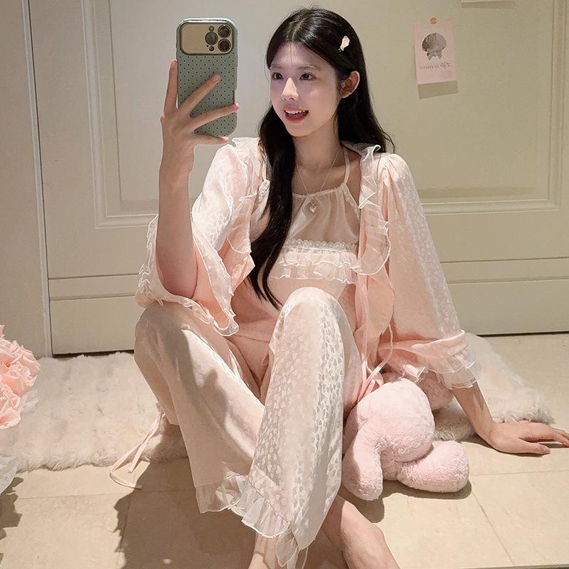 2026 Women s Ice Silk Pajama Set - Spring/Autumn, Long Sleeve, French Style, Outdoor Wearable Loungewear Large