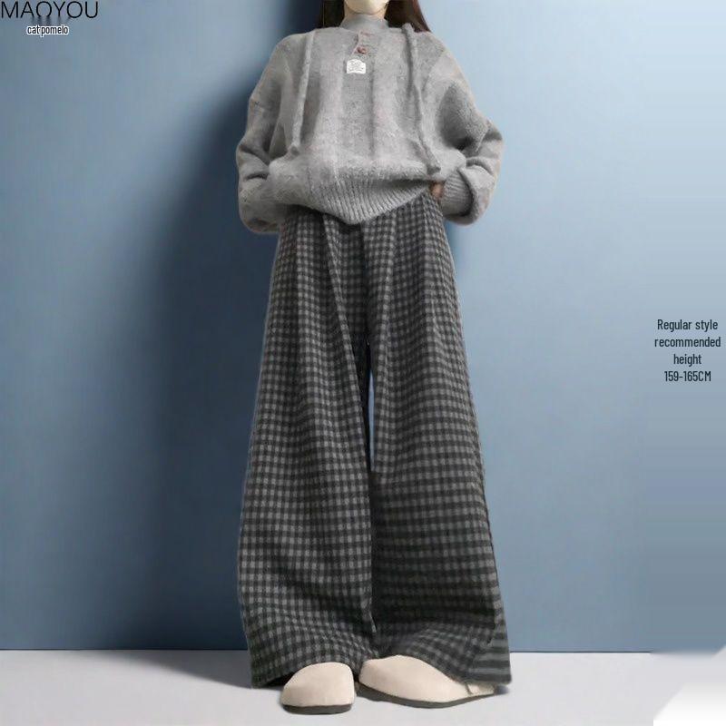 

High-Waisted Fleece-Lined Gray-Black Plaid Wide-Leg Pants, Autumn/Winter 2025 Collection M 48-55 kg