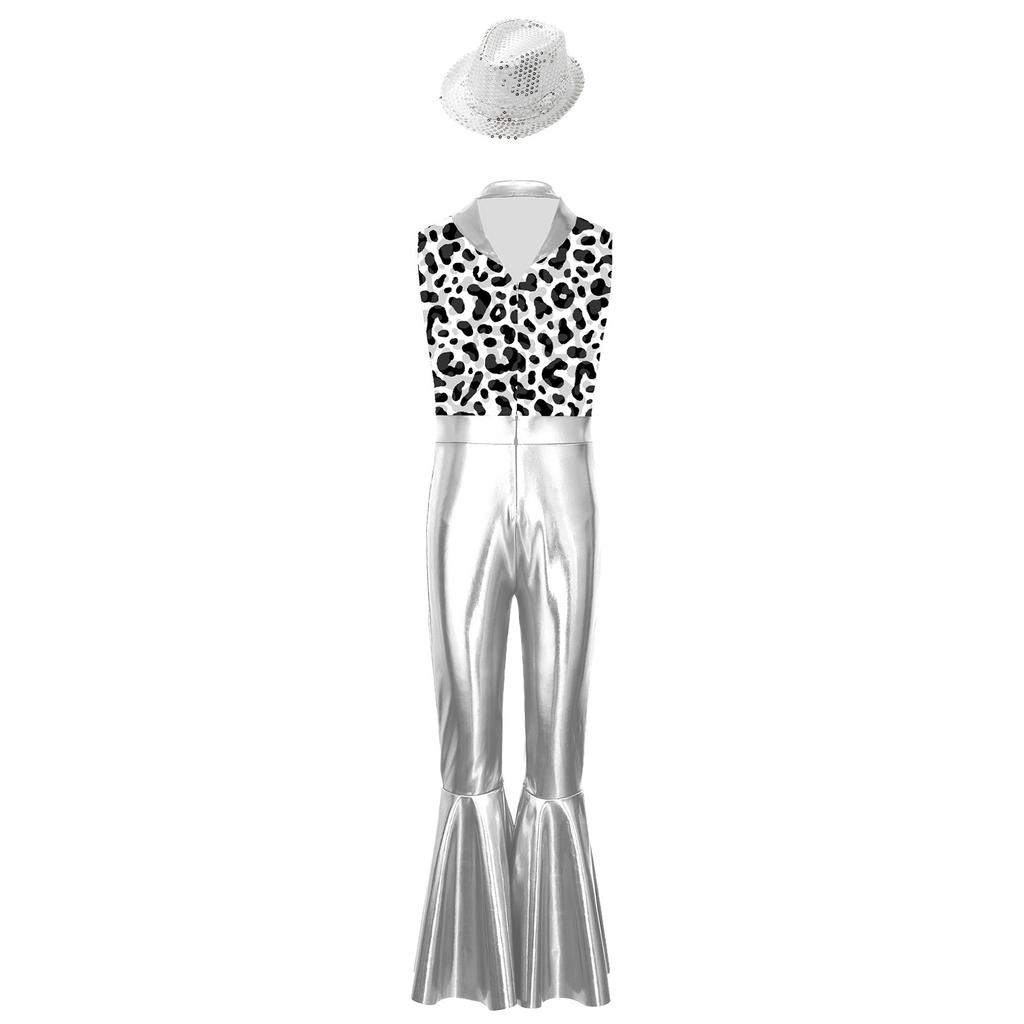 Boys Disco Metallic Glossy Sleeveless Print Patchwork Long Flare Pants Jumpsuit Sequins Fedora Hat