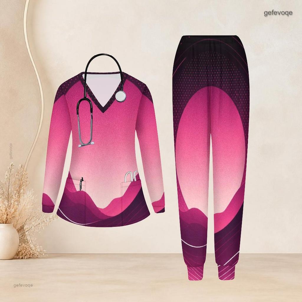 Women Plus Size Nurse Scrub Set V Neck Long Sleeve Printed Pink Purple Pockets Two Piece Outfit
