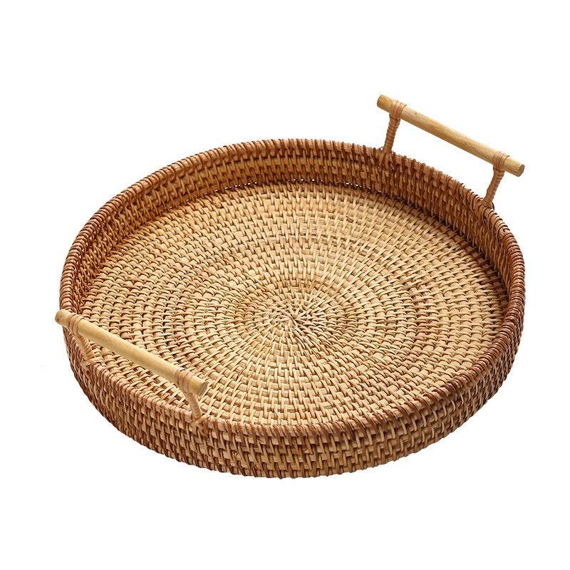 Handwoven Rattan Fruit Bowl Tray - Natural Woven Snack & Bread Serving Basket, Boho Style Tabletop Centerpiece for Kitchen