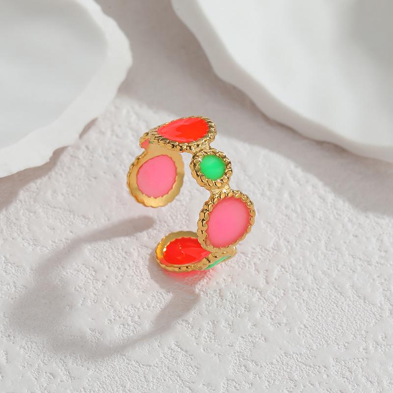 Best-Selling Retro Hong Kong Style 18K Gold Open Ring with Geometric Color Block Enamel and Colorfast Titanium Steel