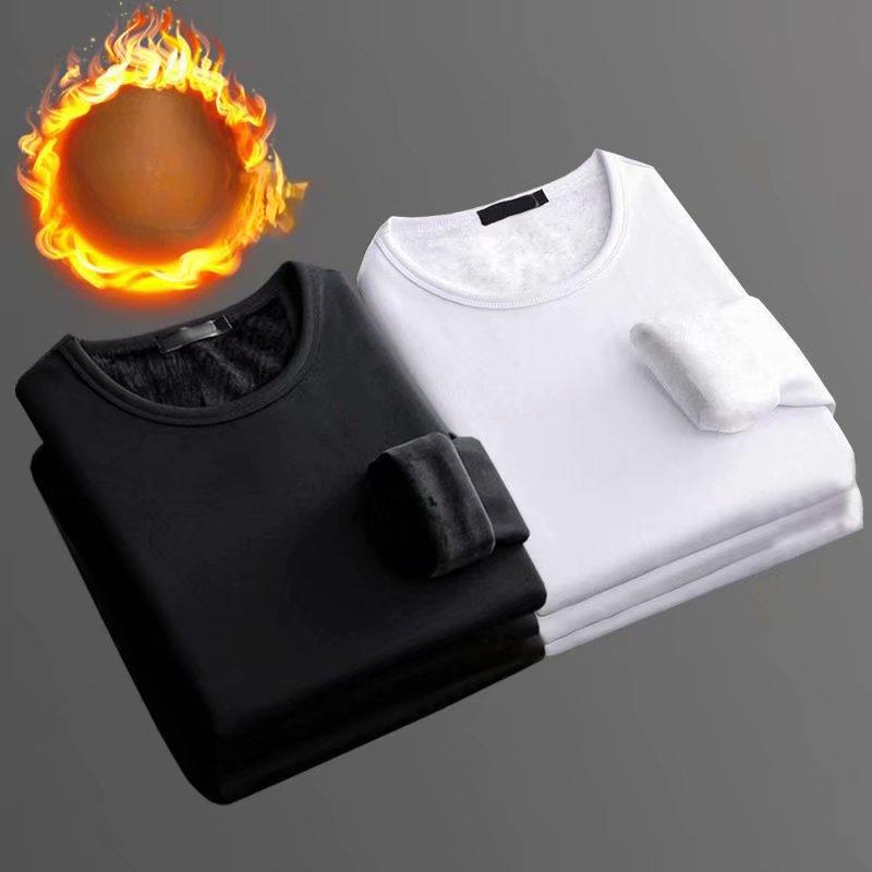 Men's Plus Velvet Padded T-shirt  Bottoming Shirt Slim Solid Color O-Neck  Long-sleeved Winter Thermal Underwear